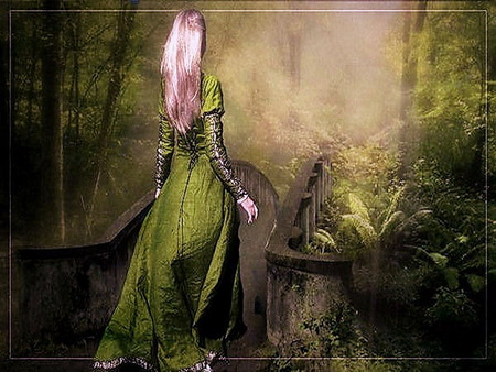 Lady of the green - woman, trees, blond, mist, forest, green, green dress, bridge, ferns