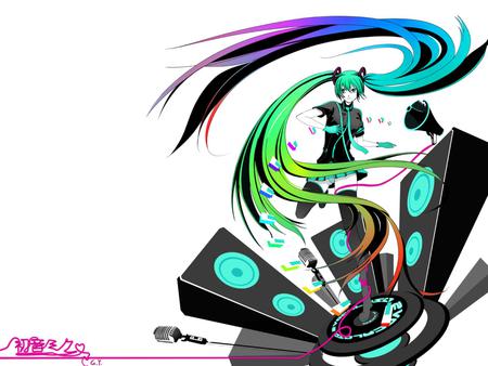 Hatsune Miku - pretty, anime, vocaloid, twintail, hatsune miku, megaphone, microphone, nice, skirt, beautiful, thighhighs, bass, beauty, cool, colorful, miku, awesome, cute, hatsune, vocaloids