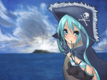 Pirate Miku - pretty, blushing, anime, vocaloid, blue, twintail, island, hatsune miku, sunrise, blue hair, nice, sky, blue eyes, sun, clouds, hat, beautiful, hot, sea, cape, beauty, cool, ocean, miku, awesome, pirate, cute, hatsune, sexy, vocaloids