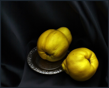 classic still life 2 - nature, art photo, composition, yellow fruits, black background, still life