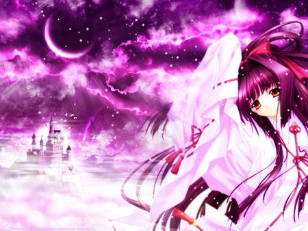 Anime Girl In The Moon - moon, suspicious, light, purple