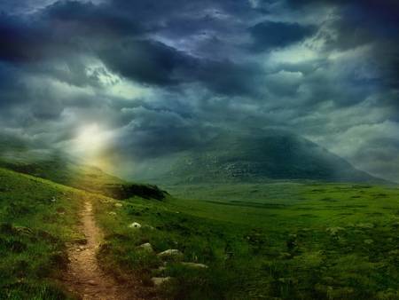 night - sky, mountain, sun, night, nature, cloud, blue, rock, grass