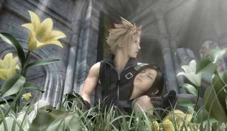 cloud and tifa together - tifa, flowers, cloud, church