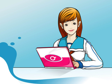 Pretty girl using pink laptop - girl, office, technology, laptop