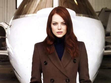 Emma Stone - red hair, brown coat, stone, redhead, plane sight, emma, emma stone