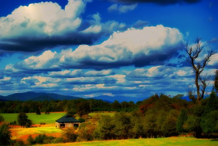 A day of clouds - clouds, farm, mountain, sky