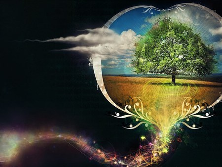 Abstrakt View - fantasy, heart, cloud, field, tree, sky