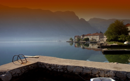 BEAUTIFUL MORNING IN KOTORS BAY - detail, relax, town, coast, coasts, peace, ports, old, seas, montenegro, port, houses, sea, pier, wharf, nature, quite