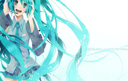 Hatsune Miku - nice, beauty, headset, thighhighs, twintail, black, white, pretty, cool, anime, miku, cute, hatsune miku, skirt, blue eyes, hatsune, vocaloids, blue hair, microphone, vocaloid, blue, beautiful, headphones, tie, awesome