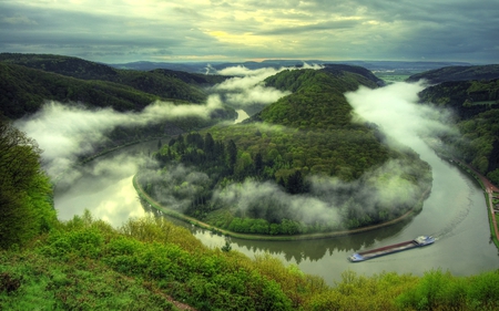 Morning Fog - morning, sky, ship, forest, river, fog, water, tree