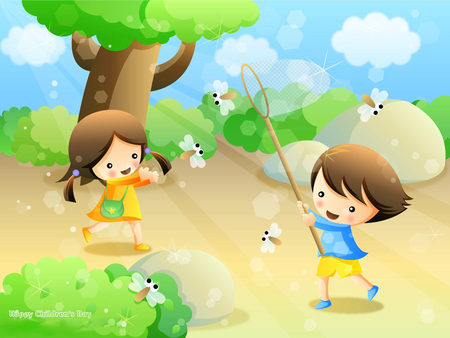 Vector - nature, tree, cloud, children