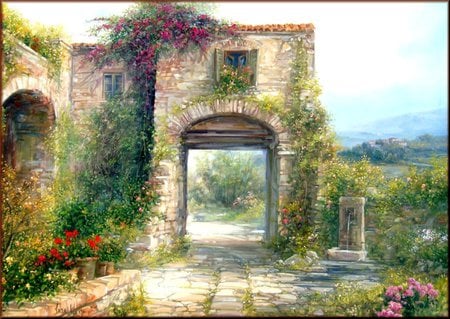 Villa Hideaway - stone, hills, arches, grass, flowers, path, villa, water fountain, painting, trellis, mountains, building