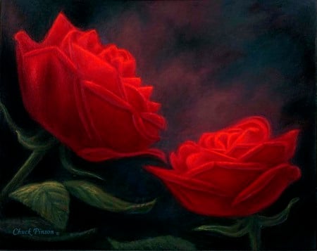 For Carmen With Love - beauty, painting, roses, red, peaceful, leaves