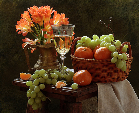 still life - photo, flowers, wine, fruit, tangerine, vase, grape, beautiful, photography, cool, still life, orange, flower, bouquet, jug, harmony, basket, champagne, nic, cup