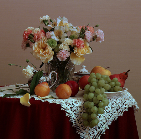 still life - nice, photography, bouquet, elegant, still life, cool, lace, apple, harmonious, pear, vase, fruit, beautiful, grape, flowers, photo, flower