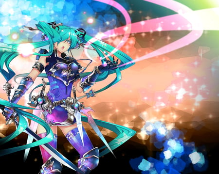 Hatsune Miku - nice, beauty, swords, headset, knight, thighhighs, twintail, colorful, armor, glitter, pretty, cool, anime, miku, sword, cute, daggers, armored miku, hatsune miku, stars, skirt, blue eyes, hatsune, vocaloids, blue hair, headphones, vocaloid, beautiful, awesome, lights