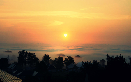 Wake up the Cloud - nature, sunshine, houses, valley, clouds, low, sunrise