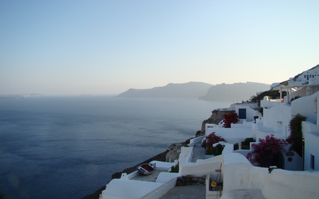 View From the Cliffs - ocean, houses, bouganvilias, beautiful, architecture, mountains, terraces, cliffs