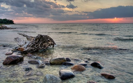 Sunset from McGregor Point - calm, clouds, beautiful, beaches, driftwood, ocean, rocky, sunset, nature, twilight