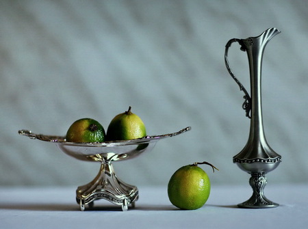 Silver Still Life - silver basket, nature, silver pot, art photo, lemons, still life