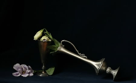 Flowers and Silver - composition, art photo, silver vase, flowers, sliver cup, still life, nature