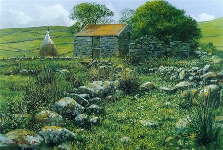 Abandoned Cottage - greenery, trees, hills, grass, stones, painting, field, cottage, rocks