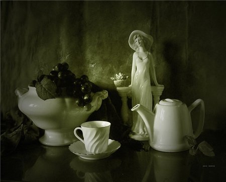 still life 1 - elegant, figure, still life, composition, nature, art photo, teacup, cup, fruit basket