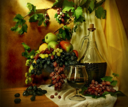 Bountiful - goblet, green grapes, bountiful, leaves, wine, apples, fruits, red wine, vibrant, red grapes, table, jug, basket, grapes, wineglass, carafe, bold, glass