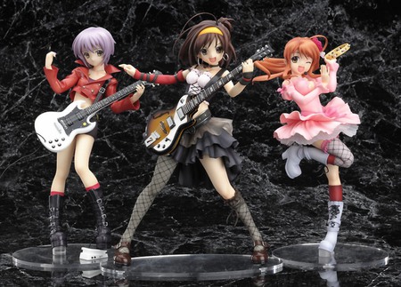 Nagato Yuki, Suzumiya Haruhi, Mikuru Asahina - anime, stage, female, wink, long hair, happy, short hair, group, music, red hair, guitar, musical instrument, melancholy of haruhi suzumiya, concert, anime girl, skirt, hot, girl, figure, band, hair band, brown hair, girls, black, grey hair, cute, thigh highs, shorts, sexy