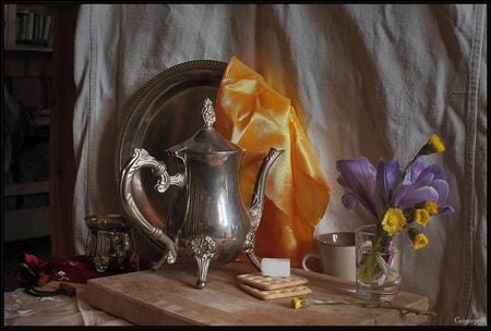 still life 1 - flowers, vase, nature, iron teacup, art photo, nice, still life, cup