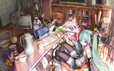 The Place - room, table, food, hatsune miku, laptop