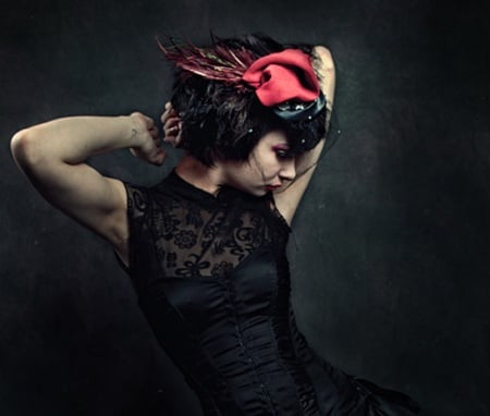 Little Black Number - red, black, beauty, model, hat, female