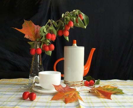 Autumn still life 2 - art photo, nice, berryes, teacup, still life, composition, cup, leaves