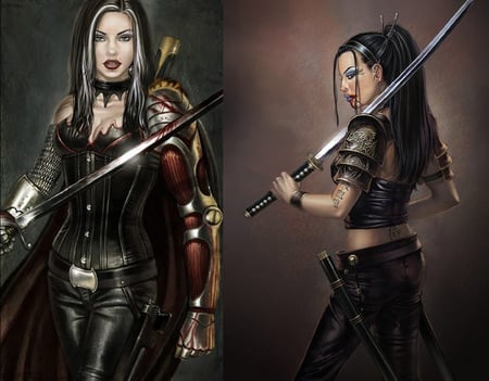 Two for the Melee - female, swords, armour, warriors, oriental, characters, fantasy