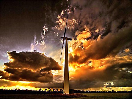 Power - wind turbine, power, black, forces of nature, sunlight, gold, orange, storm clouds