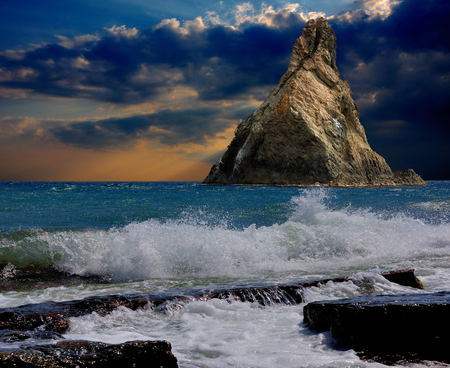 sunset - blue, beach, landscape, nice, sky, clouds, water, beautiful, photography, photoshop, sea, cool, ocean, sunset, rays, waves, rocks