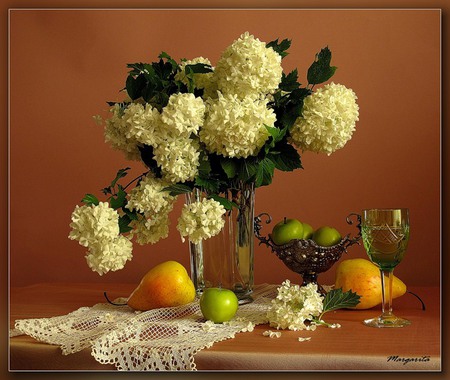 still life - elegant, photo, gentle, flowers, fruit, nice, vase, beautiful, photography, lace, cool, still life, flower, bouquet, drink, harmony, pear, apple, cup