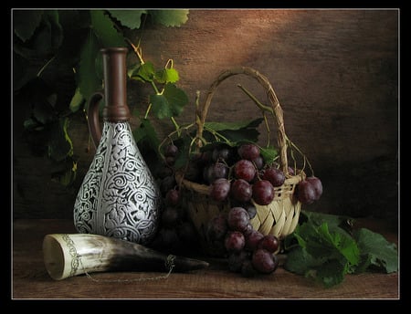 still life - cool, beautiful, photo, harmony, still life, fruit, nice, wine, photography, basket, grapes, horn