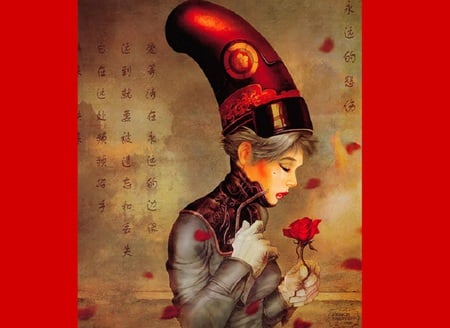 Estimable Hat - red, oriental, chinese, fantasy, rose, hat, characters, female