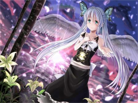 Hatsune Miku - nice, beauty, sunshine, angel, sun, wings, twintail, colorful, black, pretty, cool, anime, miku, cute, black dress, hatsune miku, sunlight, hatsune, vocaloids, butterfly, bow, vocaloid, beautiful, flowers, awesome, dress