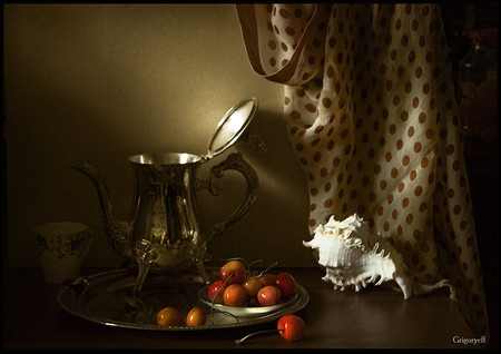 still life - seashell, iron teacup, art photo, nice, fruits, still life, cup