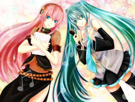 Hatsune Miku & Megurine Luka - pretty, anime, vocaloid, blue, twintail, hatsune miku, pink, microphone, luka, headphones, blue hair, nice, pink hair, blue eyes, skirt, beautiful, megurine, thighhighs, beauty, cool, colorful, miku, awesome, megurine luka, cute, hatsune, headset, vocaloids