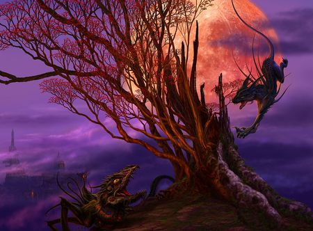 Creatures - moon, tree, creatures, fantasy