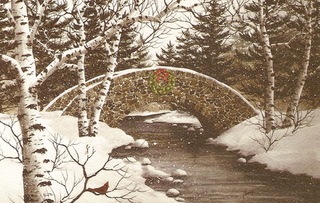 SNOW COVERED BRIDGE - holiday, winter, water, bridge