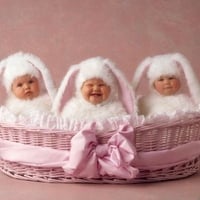 Three babies in pink basket