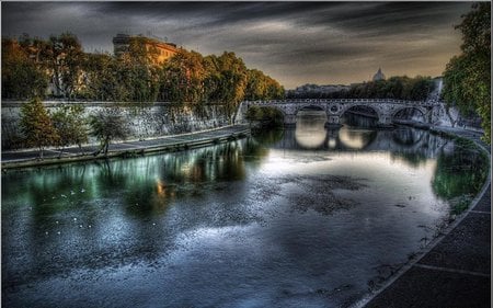 BRIDGE IN 3D - sky, trees, reflection, dark, 3d, water, bridge