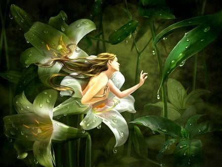 DRENCHED - woman, painting, thumbelina, pretty, female, water, flowers, plants