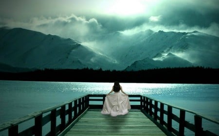 AT THE END - clouds, female, lake, mountains, sky, pier