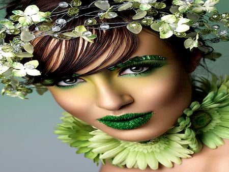 FANTASY GREEN GIRL - young, girl, green, fantasy, flower