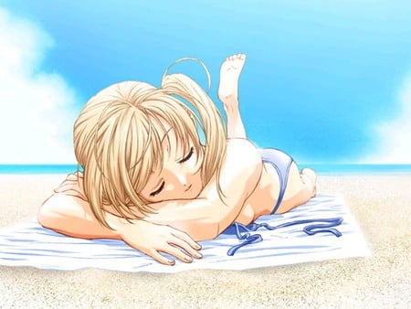 Beach Nap - anime, swimsuit, anime girl, female, hot, girl, nap, sand, sleep, bikini, cloud, cute, sleeping, sexy, sky